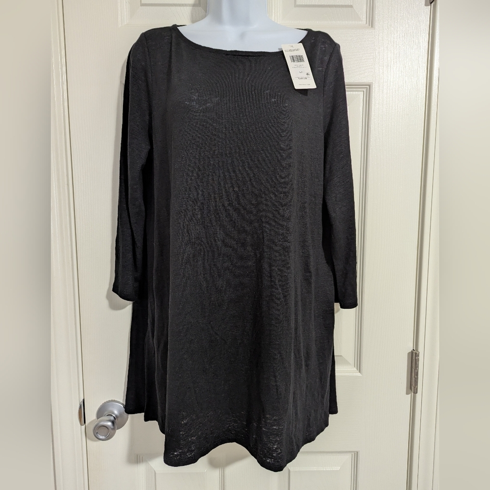 NWT Eileen Fisher Black Fine Jersey Bateau Neck Organic Linen Tunic Neutral